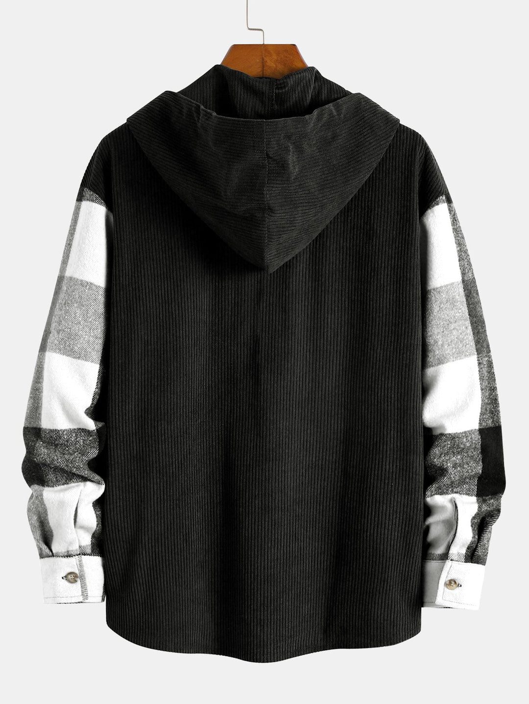 Camicia a maniche lunghe patchwork in flanella a quadri con cappuccio e pantaloni dritti in velluto a coste