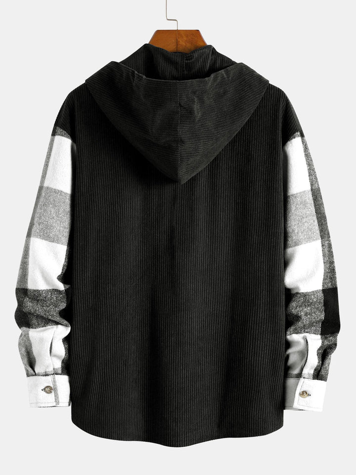 Camicia a maniche lunghe patchwork in flanella a quadri con cappuccio e pantaloni dritti in velluto a coste