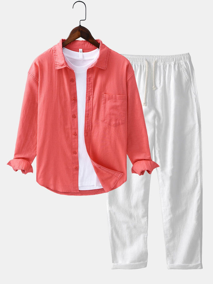 Camicia in lino e cotone a maniche lunghe con tasca & pantaloni in lino a gamba dritta