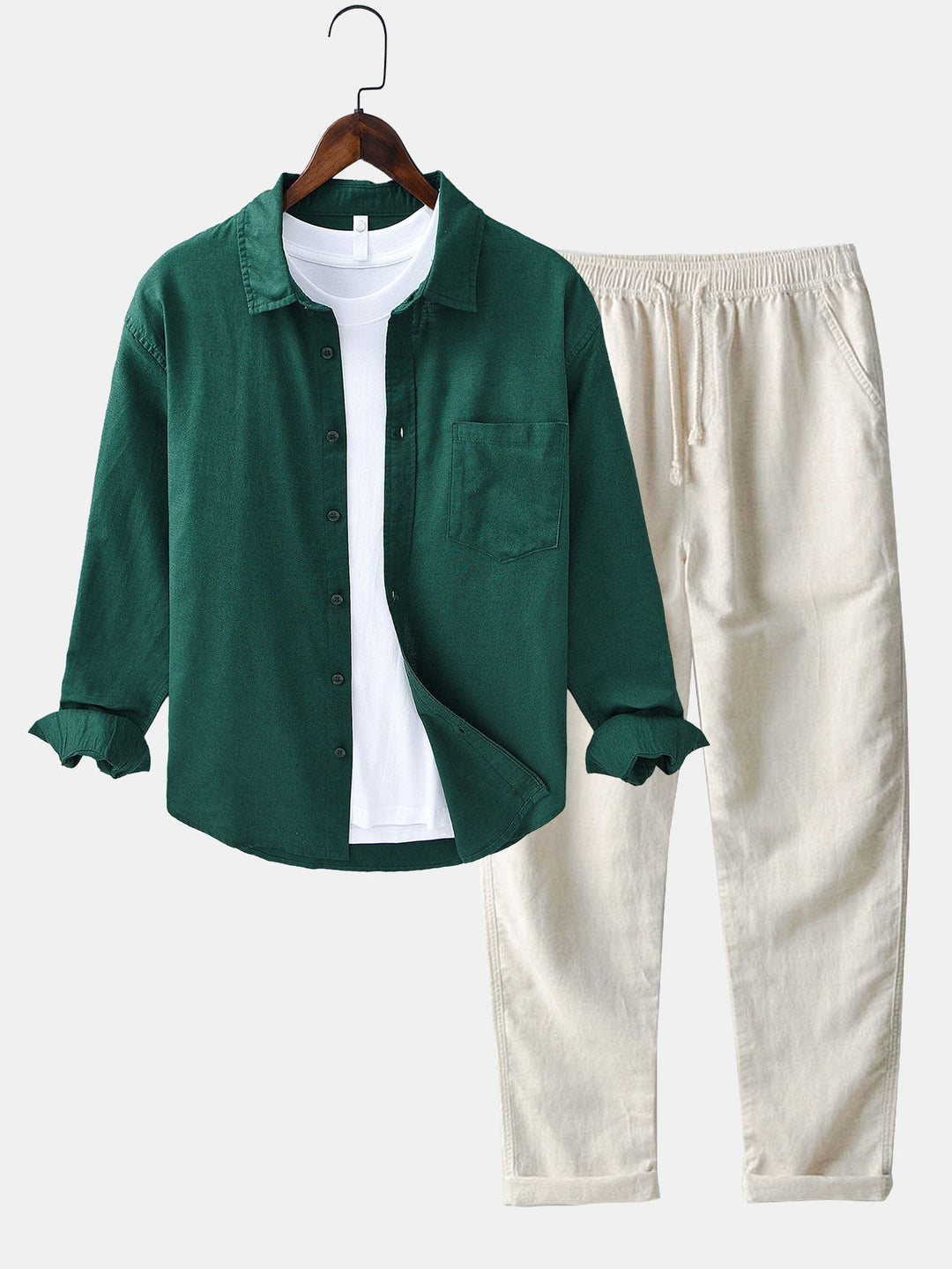 Camicia in lino e cotone a maniche lunghe con tasca & pantaloni in lino a gamba dritta