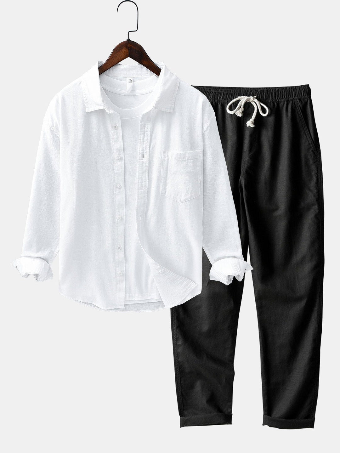 Camicia in lino e cotone a maniche lunghe con tasca & pantaloni in lino a gamba dritta