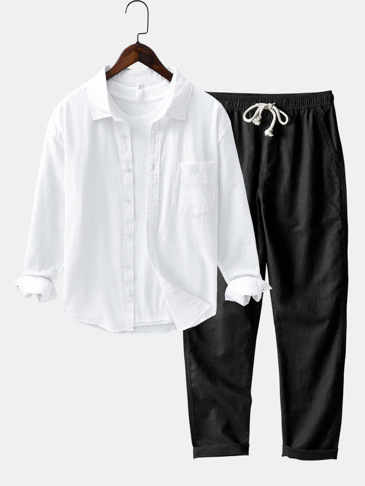 Camicia in lino e cotone a maniche lunghe con tasca & pantaloni in lino a gamba dritta