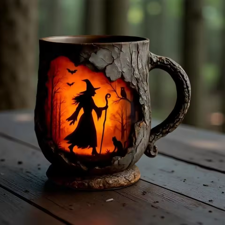 Tasse d'Halloween tridimensionnelle faite à la main – Design de sorcière et chat