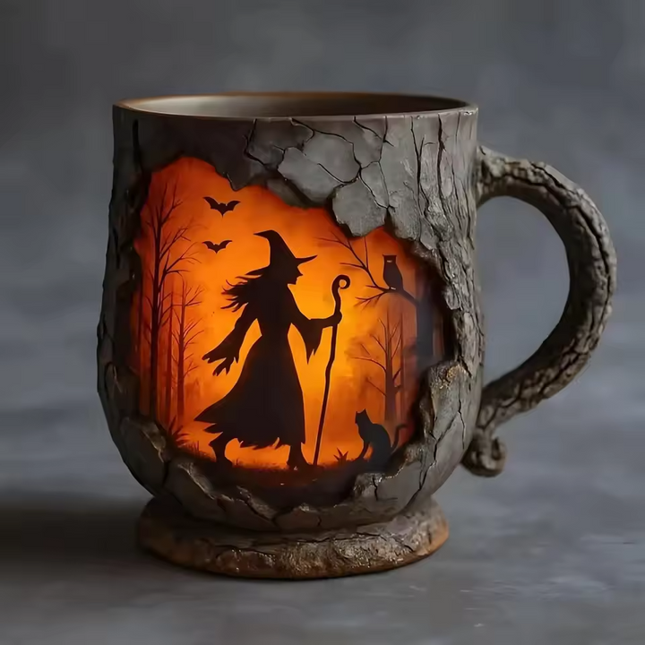 Tasse d'Halloween tridimensionnelle faite à la main – Design de sorcière et chat