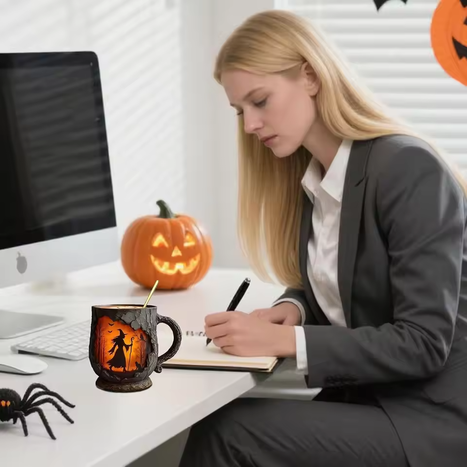 Tasse d'Halloween tridimensionnelle faite à la main – Design de sorcière et chat