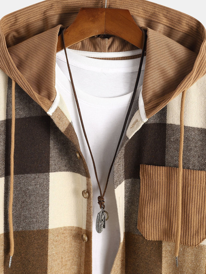 Camicia a maniche lunghe patchwork in flanella a quadri con cappuccio e pantaloni dritti in velluto a coste